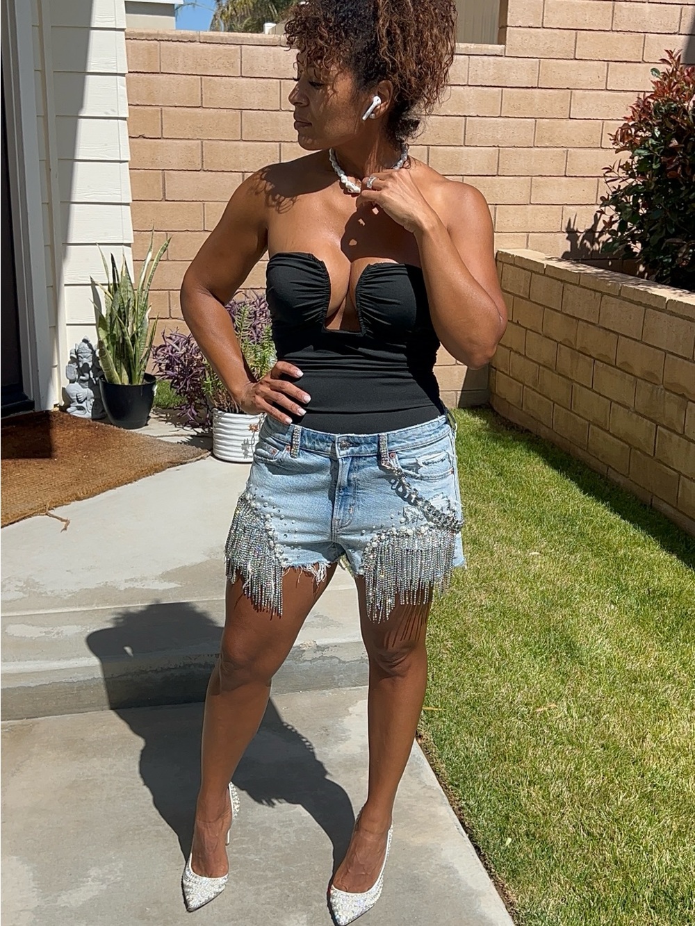 American Eagle Hand-Embellished Rhinestone Pearl Fringe Denim Festival Shorts - Picture 8 of 17